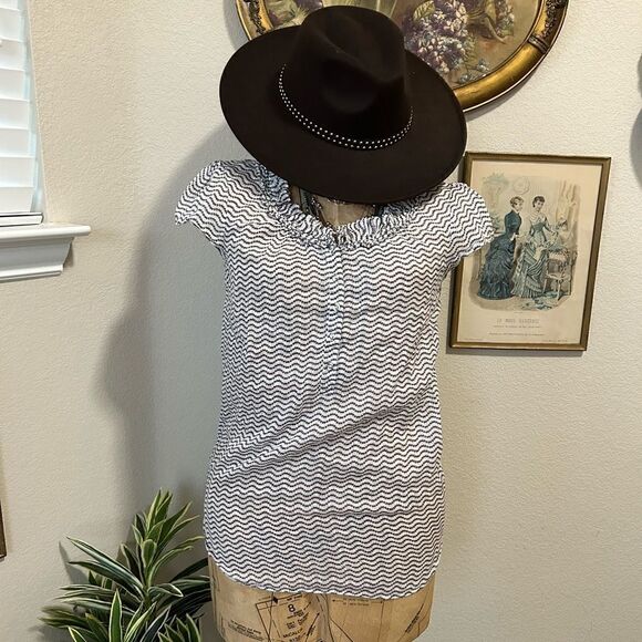 Gap White Brown Circle Polka Dot  Ruffle Stripe Blouse sz S - Picture 3 of 11